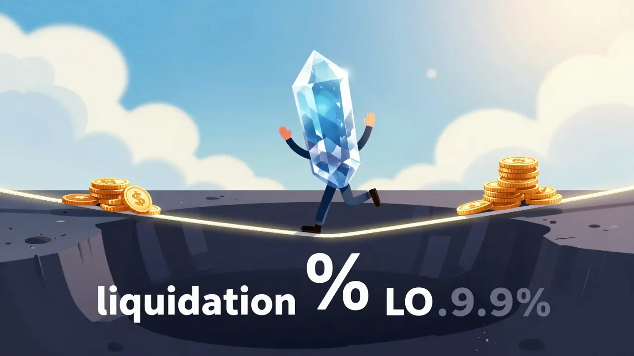 A character balancing on a thin tightrope, symbolizing the risk of high loan-to-value ratios.