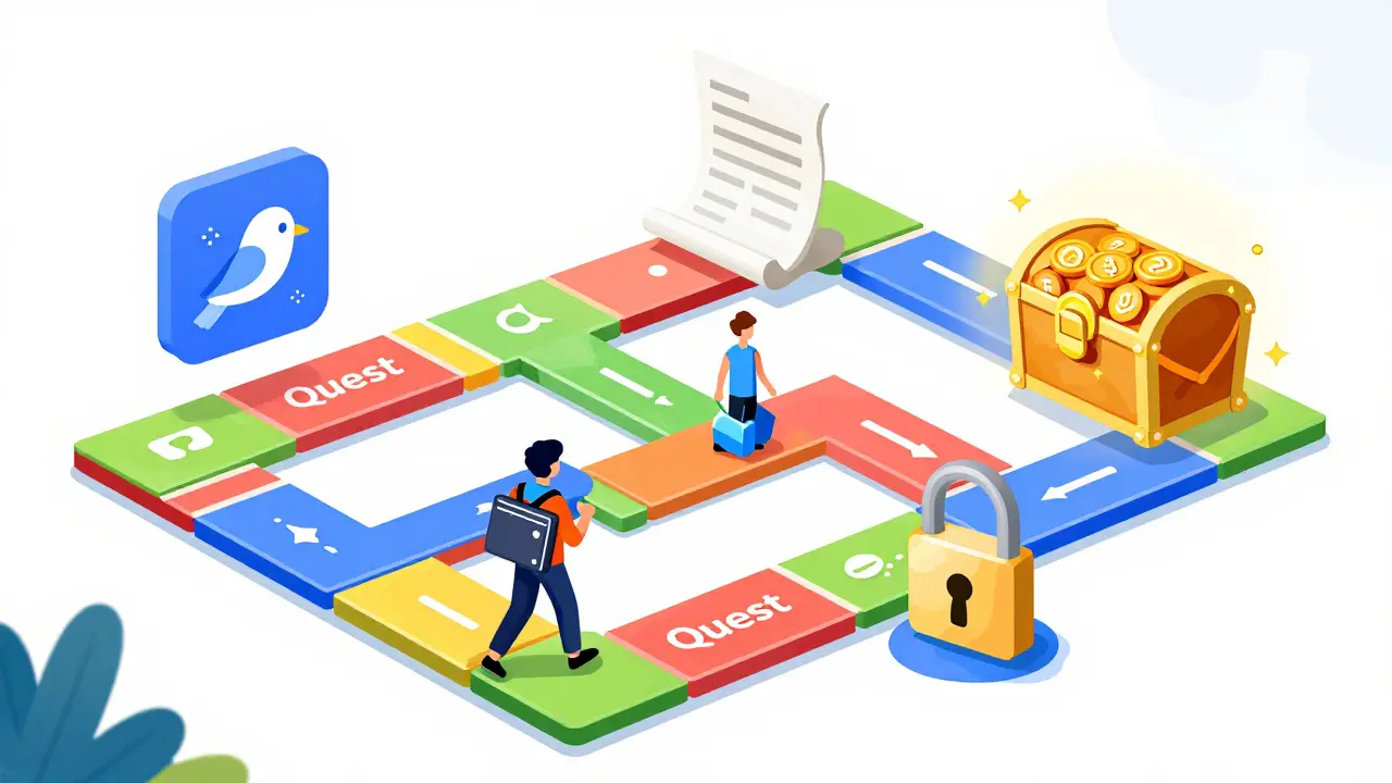 A character navigating a quest path with social and verification icons to earn tokens