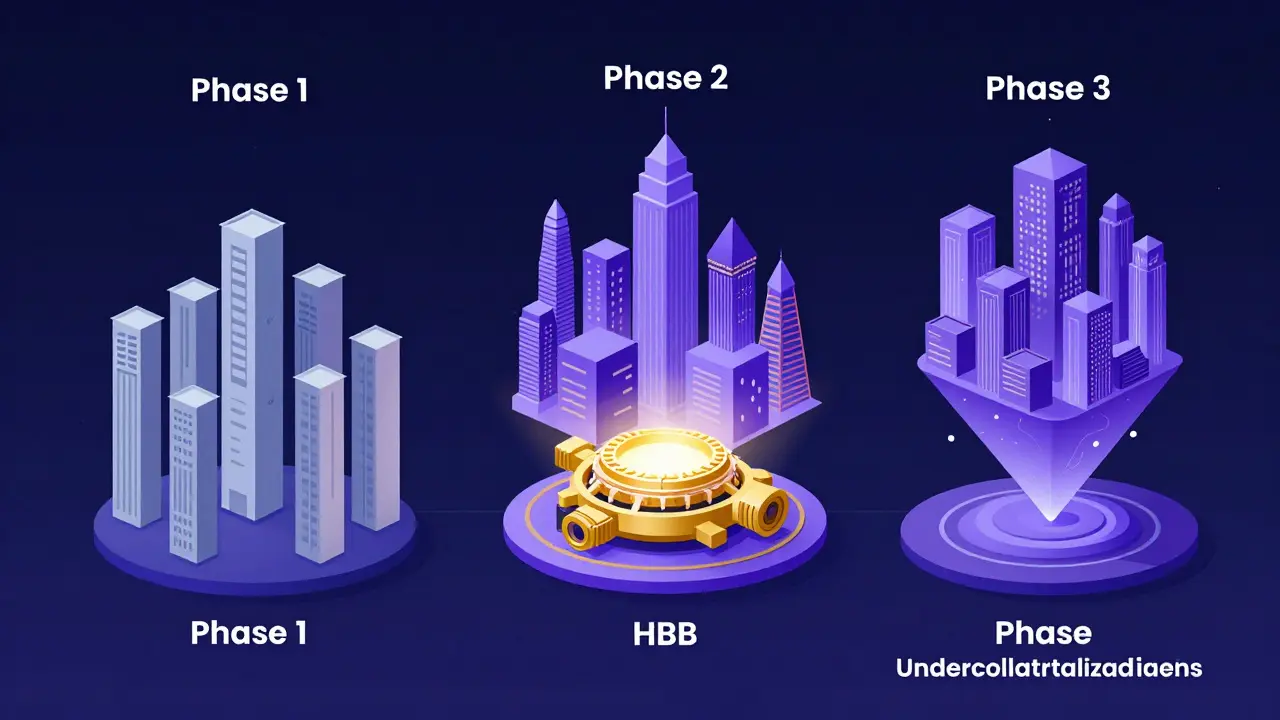 A conceptual city showing the growth phases of the Hubble Protocol powered by the HBB token.