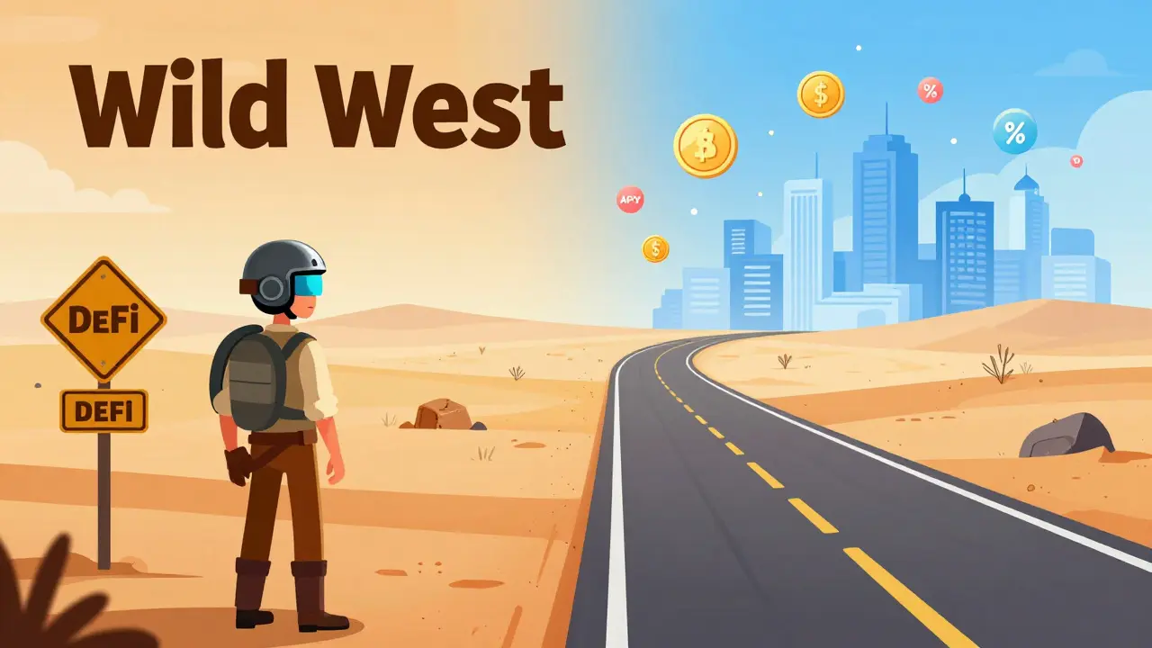 A conceptual path leading from a digital frontier to a bright, modern financial city.