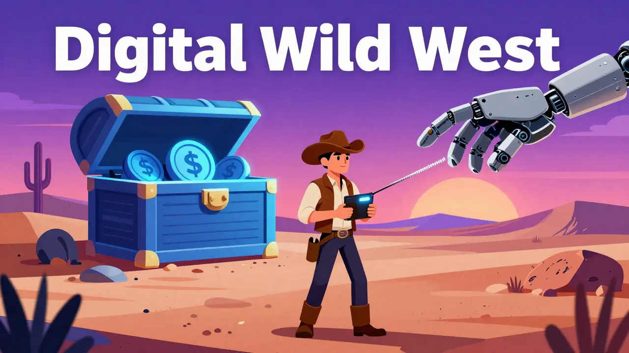 A crypto trader in a neon desert facing a deceptive token chest and a robotic hand.