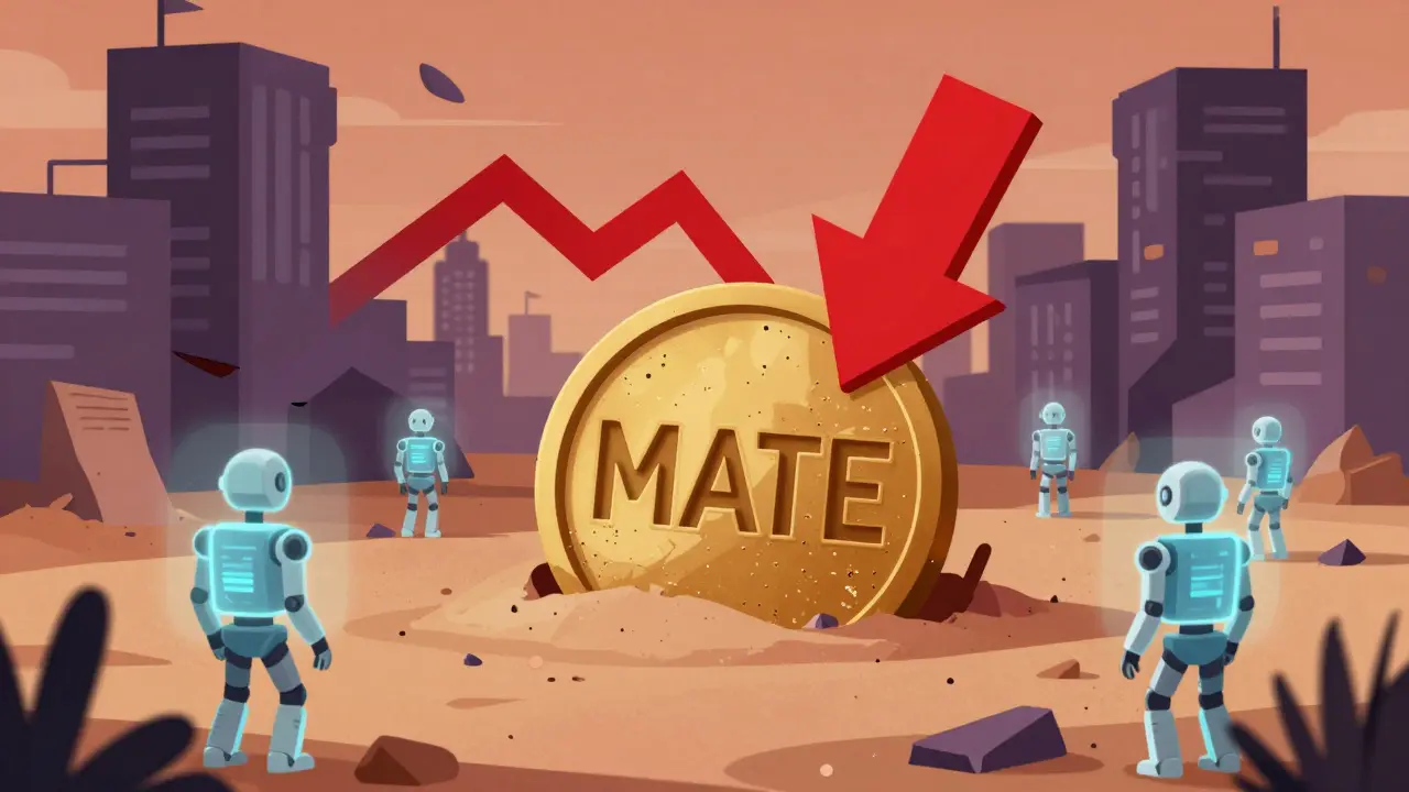 A desolate digital ghost town with a buried MATE coin and a red downward arrow.