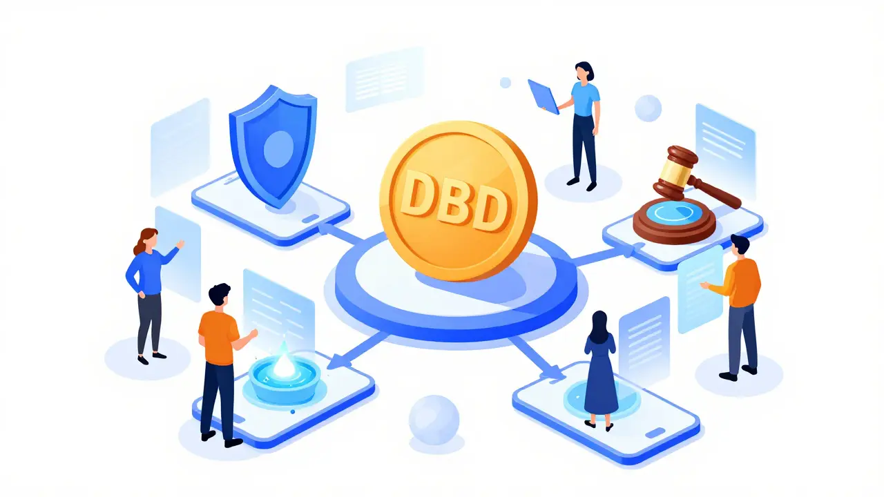 A diagram showing the DBD coin connecting insurance shields and DAO governance.