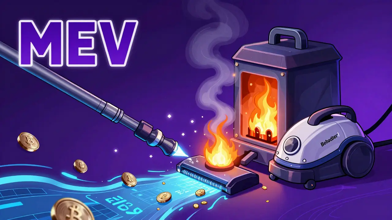 A digital vacuum collecting transaction fragments and burning them in a furnace to show token deflation.