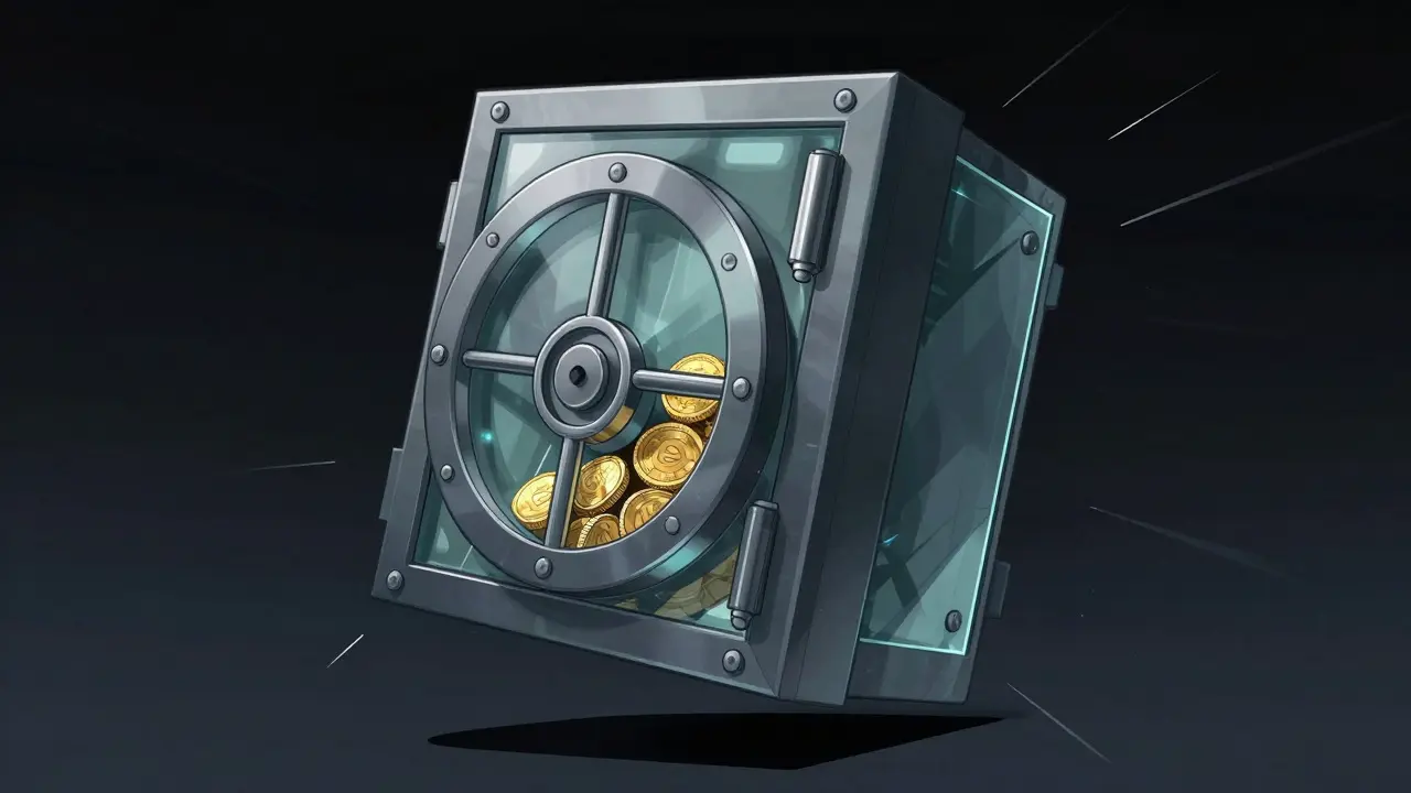 A fragile glass vault containing cryptocurrency coins floating in a dark void.