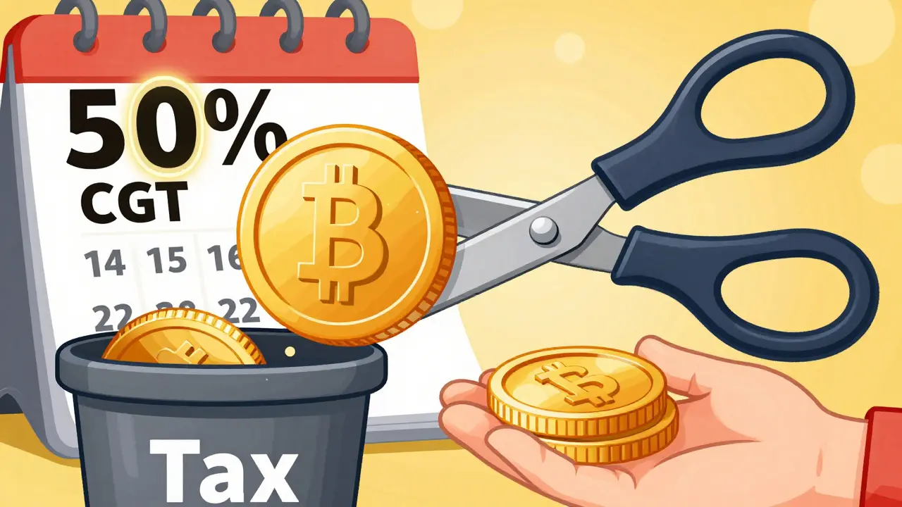 A gold crypto coin being cut in half to represent the 50% capital gains tax discount.