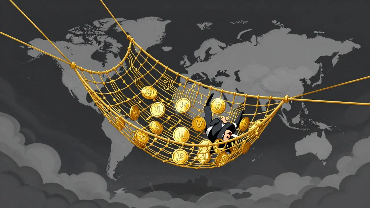A golden digital safety net catching a trader during a market storm, representing a rescue plan.