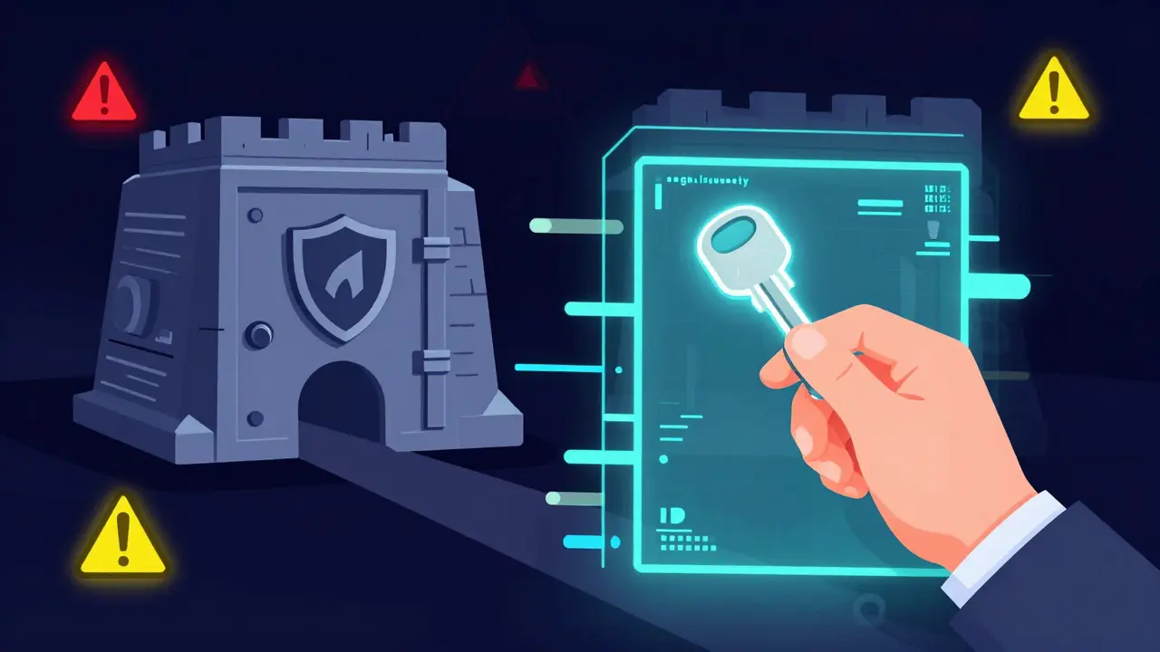 A hand using a burner wallet to cautiously interact with a glitchy digital portal.