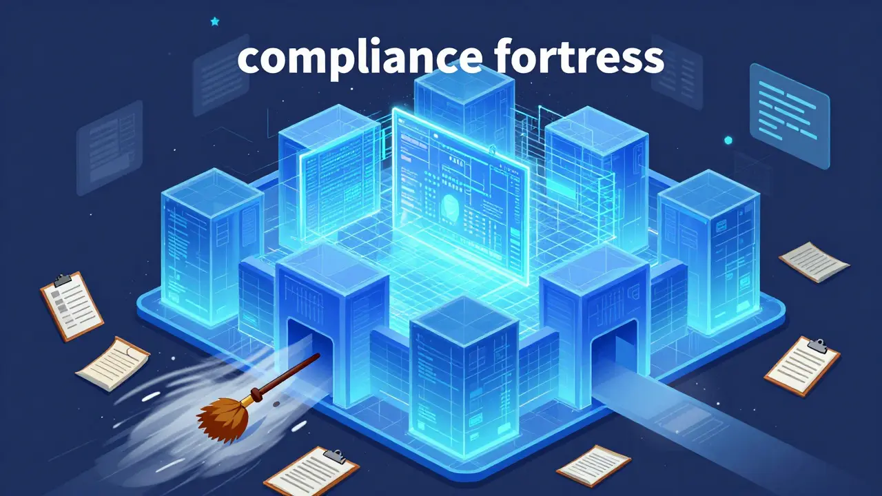 A high-tech digital fortress protecting a crypto firm with an AI screening grid.