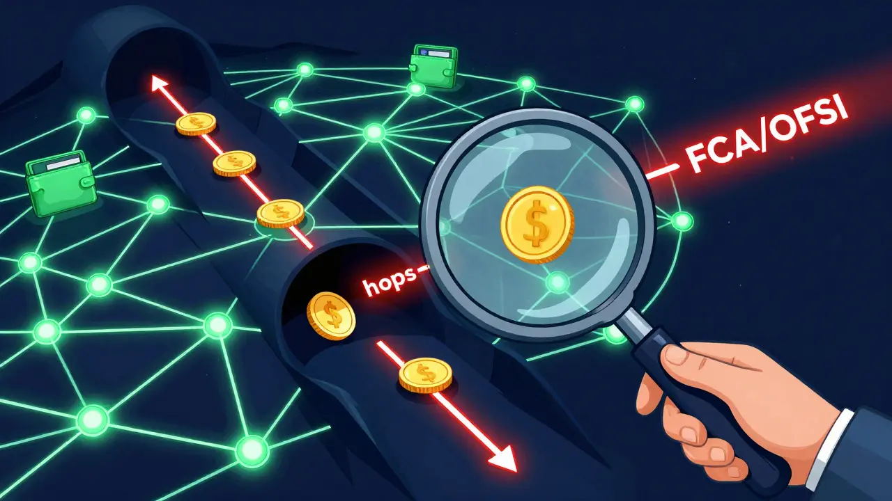 A magnifying glass inspecting a complex web of blockchain transactions and hidden paths.