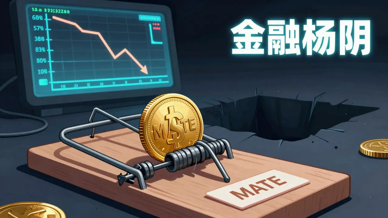 A MATE coin acting as bait on a metallic mousetrap with a crashing price graph.