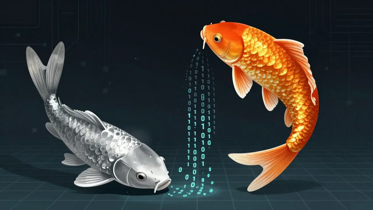 A metallic token transforming into a colorful Koi fish in a digital stream.