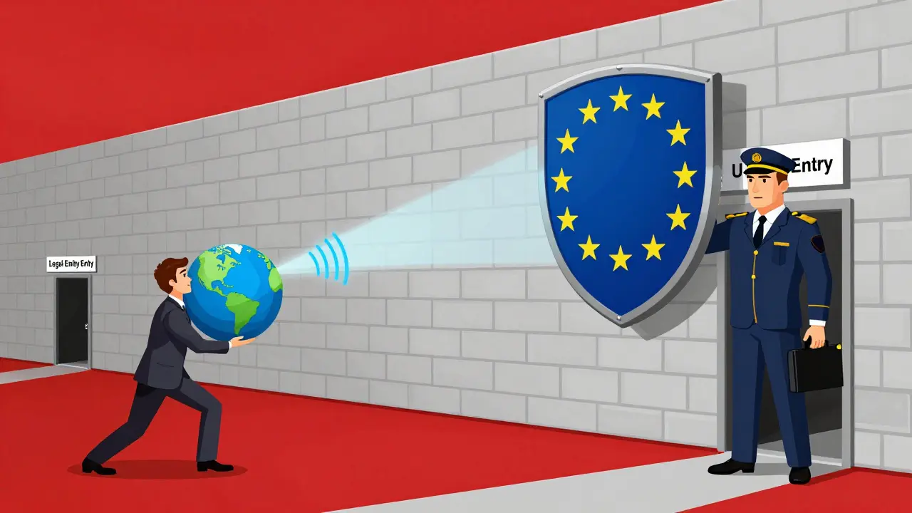 A non-EU business facing a regulatory wall with a single legal entry point into the EU.