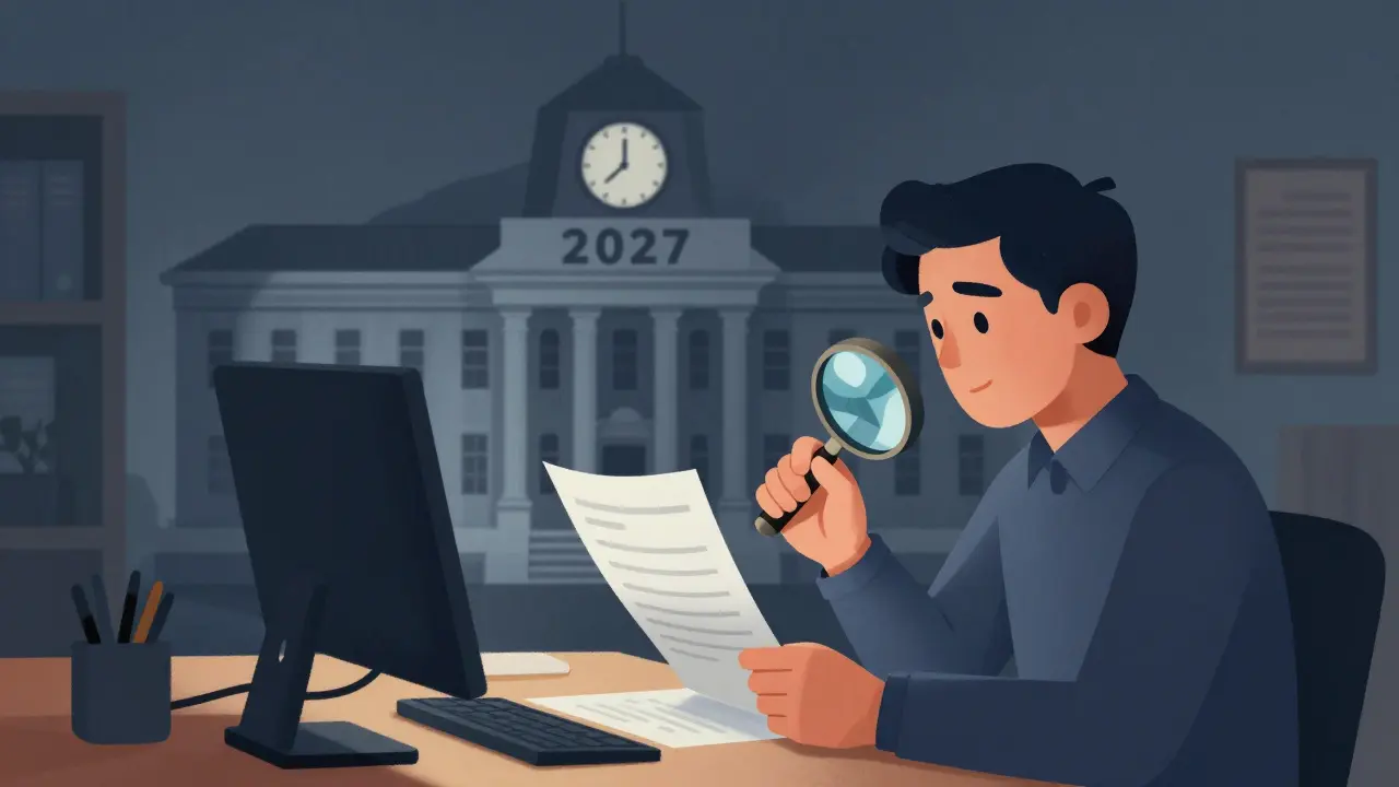 A person auditing crypto assets with a looming tax building and a countdown clock in the background.