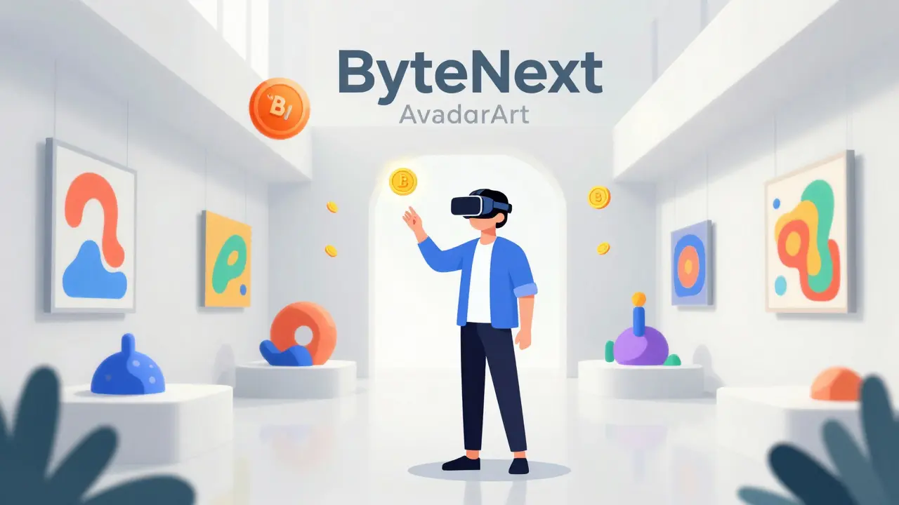 A person in a VR headset exploring a futuristic 3D virtual art gallery.