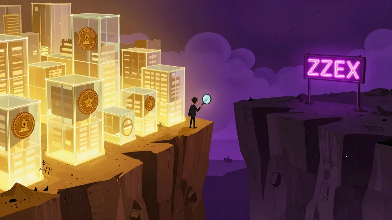 A person looking across a chasm from a regulated city toward a desolate void.