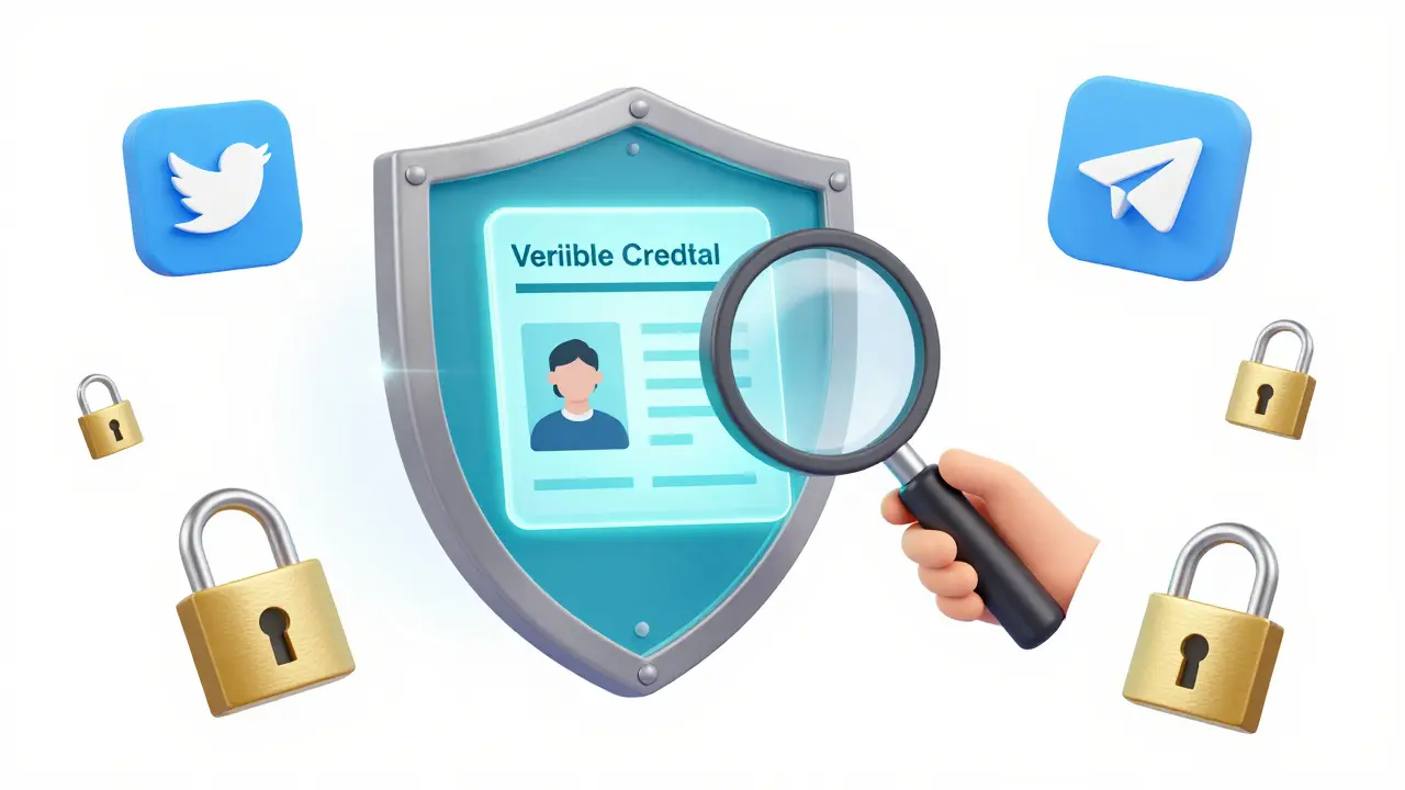 A person verifying a holographic identity card with a magnifying glass and a digital shield.