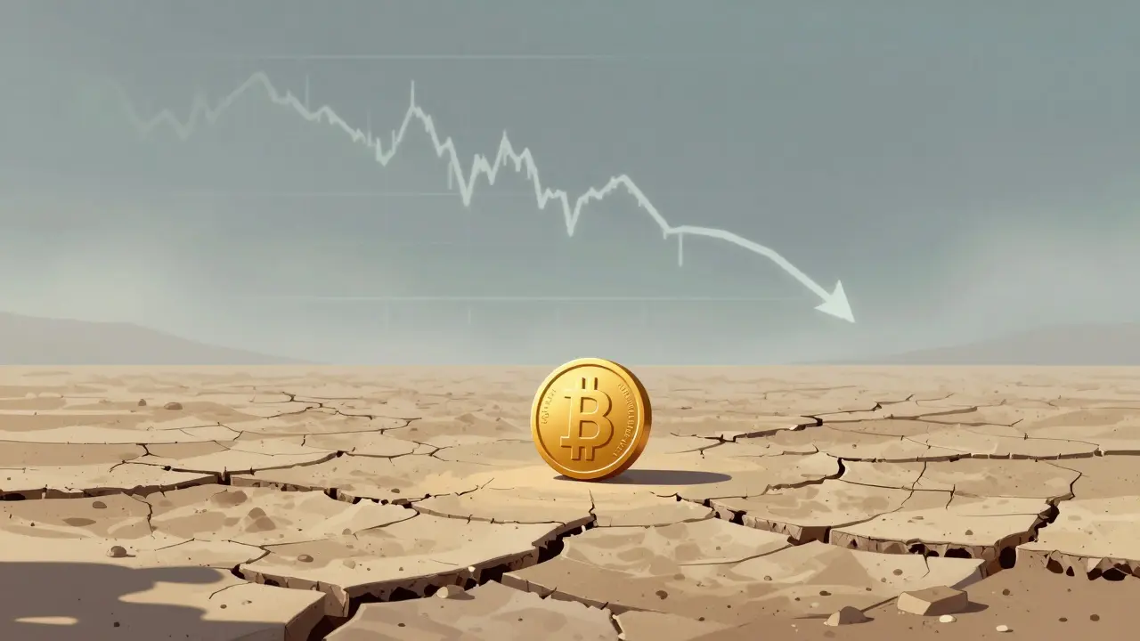 A single BNU token on a cracked ground with a declining market chart in the background.