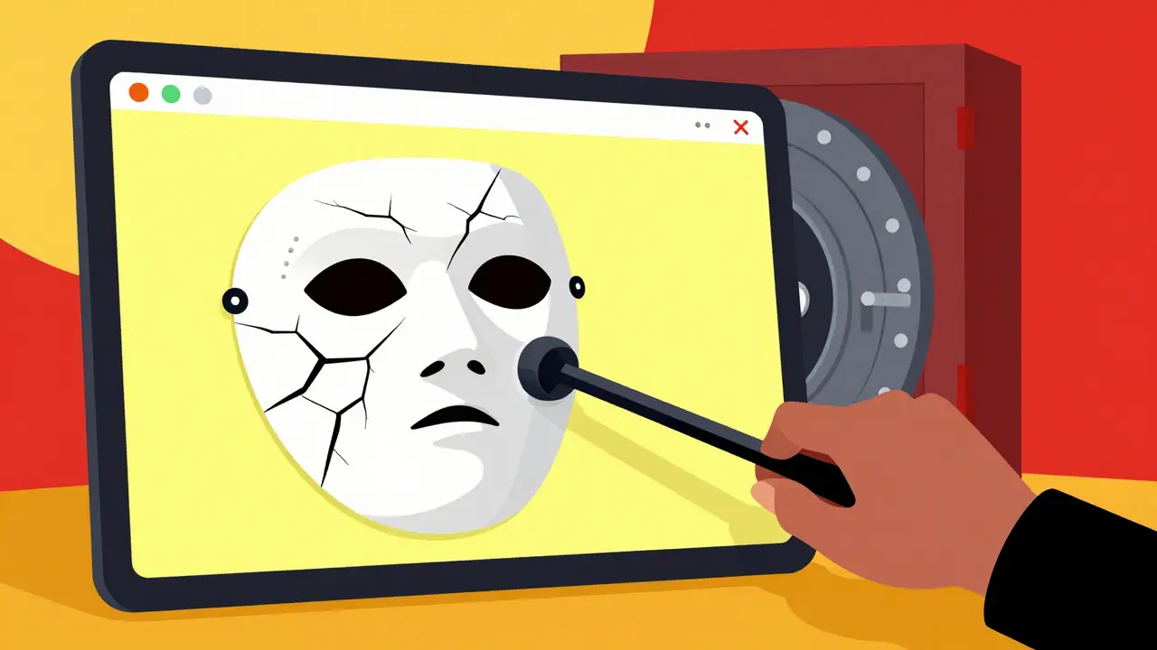 A sleek trading interface cracking to reveal a hidden vault and a shadowy hand.