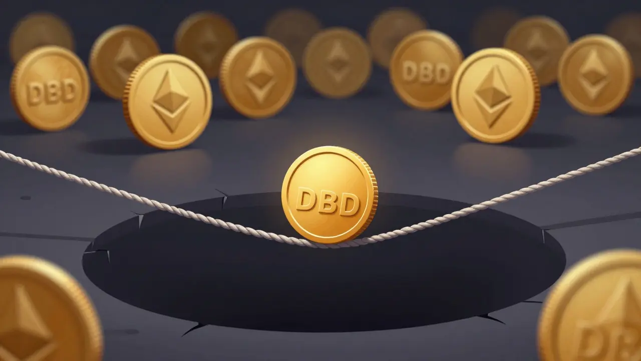 A small DBD coin balancing on a thin tightrope over a void, symbolizing market risk.