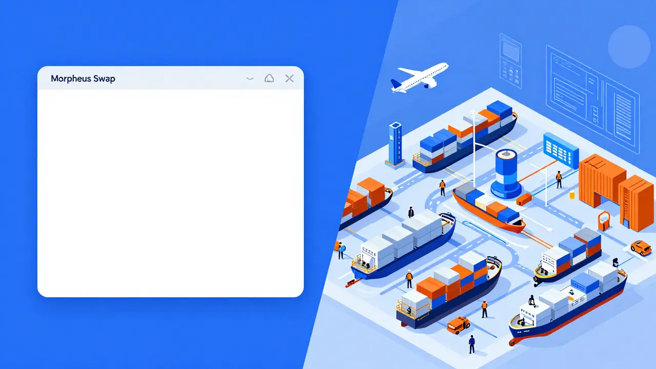 A split illustration comparing a quiet token swap interface with a busy global supply chain hub.