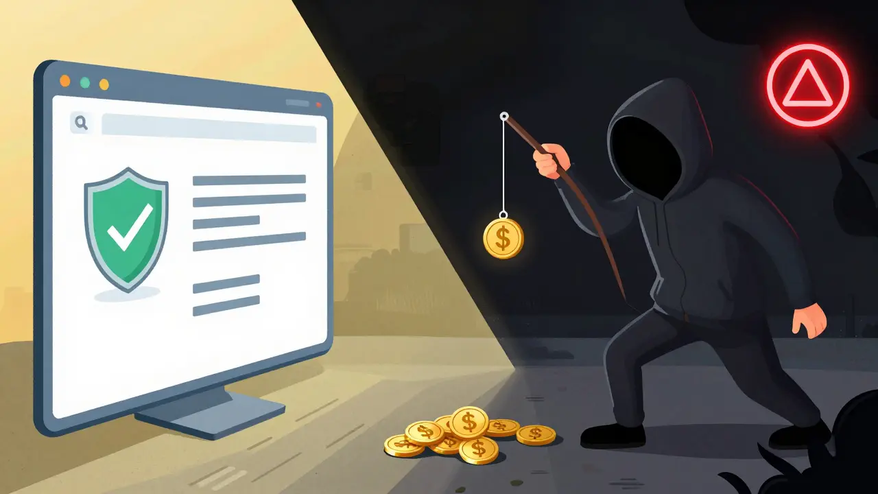 A split scene contrasting a secure airdrop portal with a dark scammer using a fishing hook