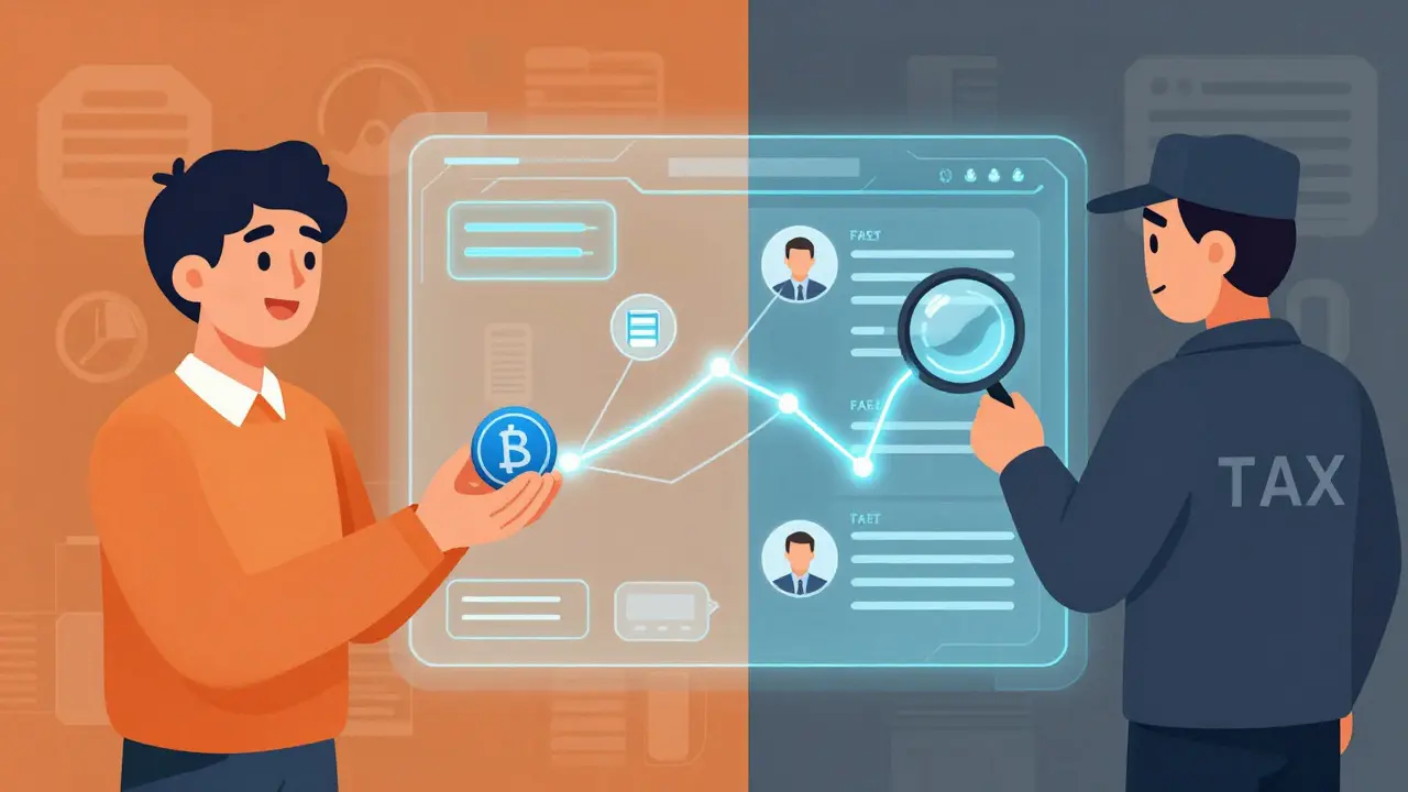 A split-screen showing a crypto user and a tax official tracing blockchain transactions.