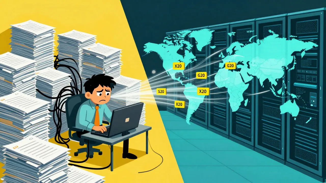 A stressed business owner with piles of data files next to a global network of government servers.