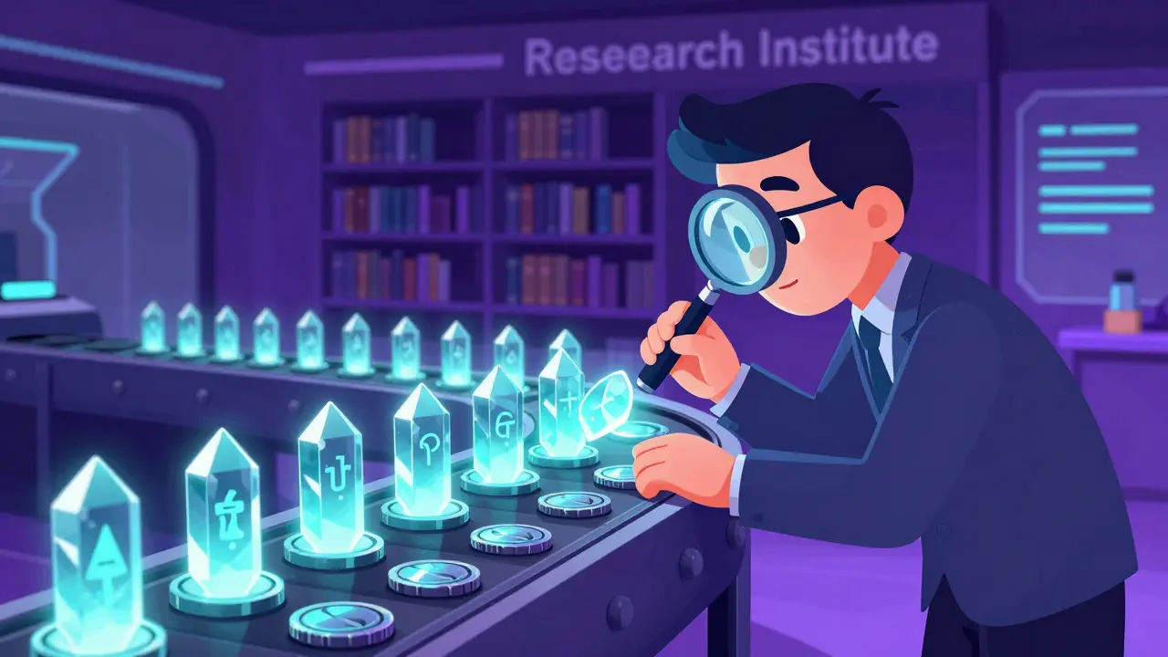A stylized researcher selecting high-quality digital tokens in a futuristic laboratory setting.