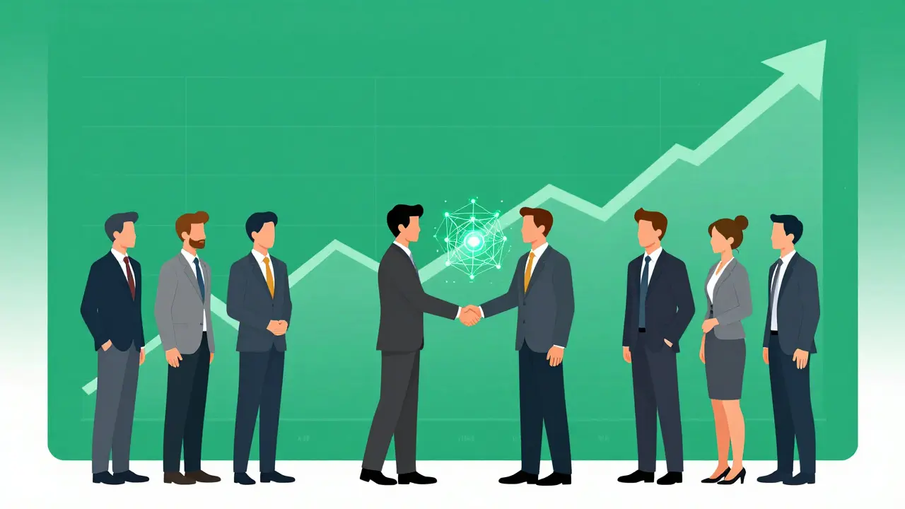Business professionals shaking hands with a digital blockchain network representative.
