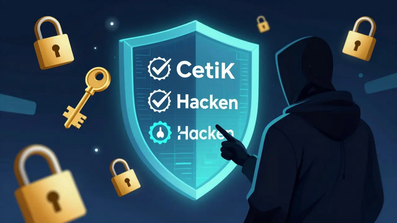 Cartoon depiction of an anonymous developer presenting a secure digital shield with security audits.