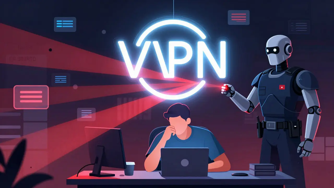 Cartoon showing a VPN appearing as a neon sign to a robotic security guard.