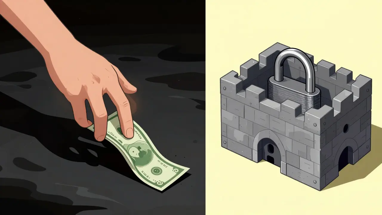 Comparison between a dark void taking money and a secure fortress with a hardware wallet