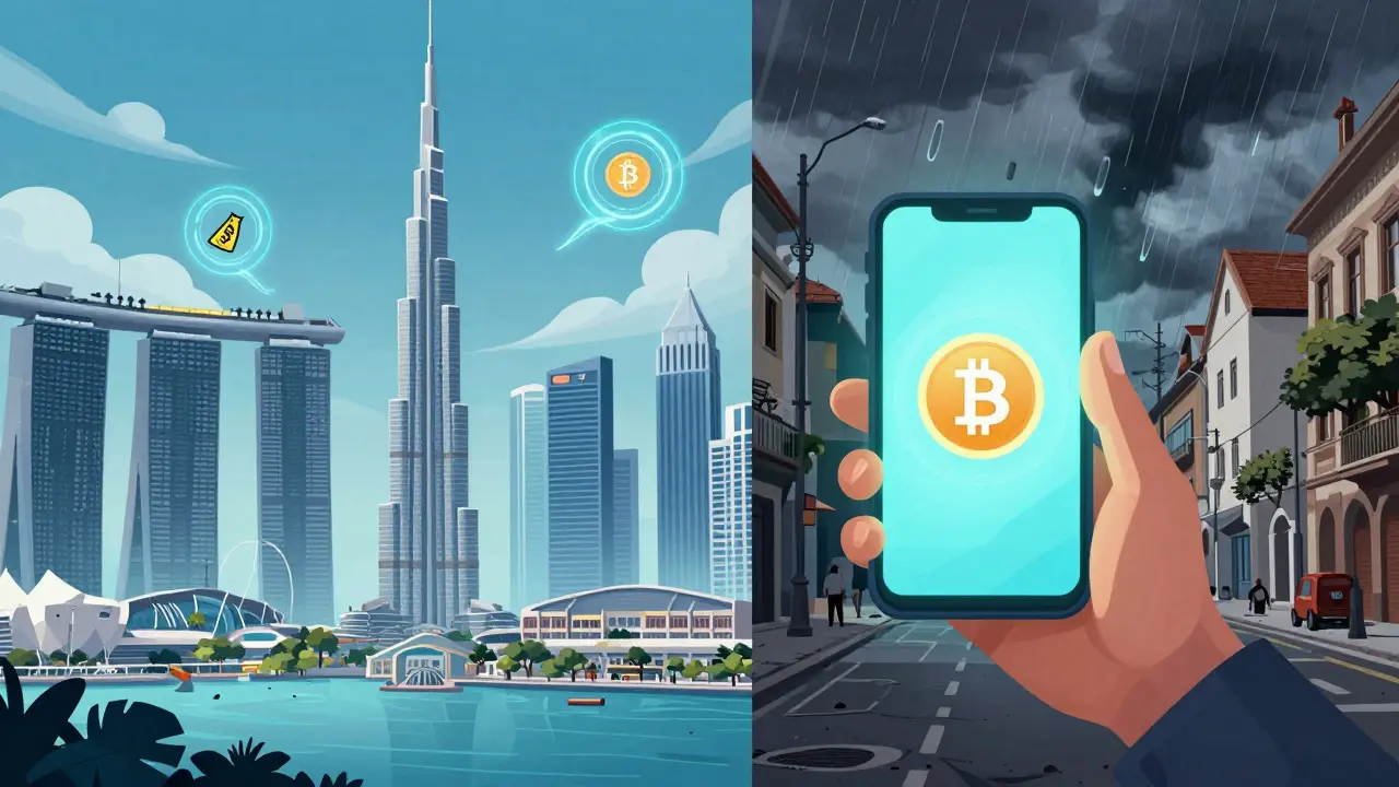 Contrast illustration between luxury crypto hubs in Dubai and crypto as a survival tool in Eastern Europe.