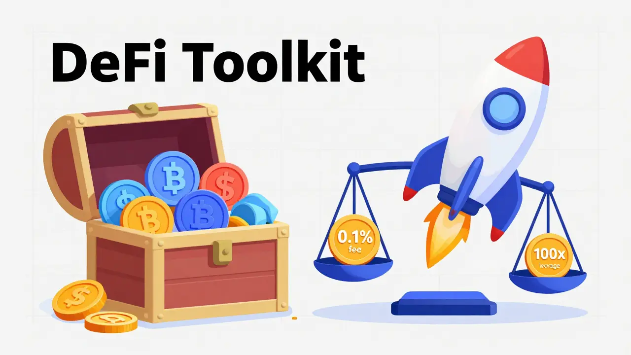 Editorial illustration of a crypto treasure chest with a scale comparing low fees and high leverage.