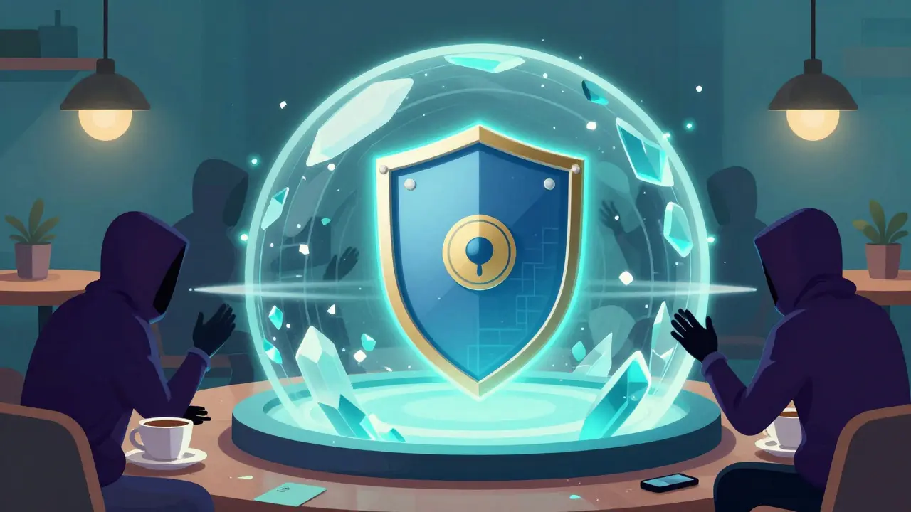 Illustration of a hardware wallet inside a protective encrypted dome shield.