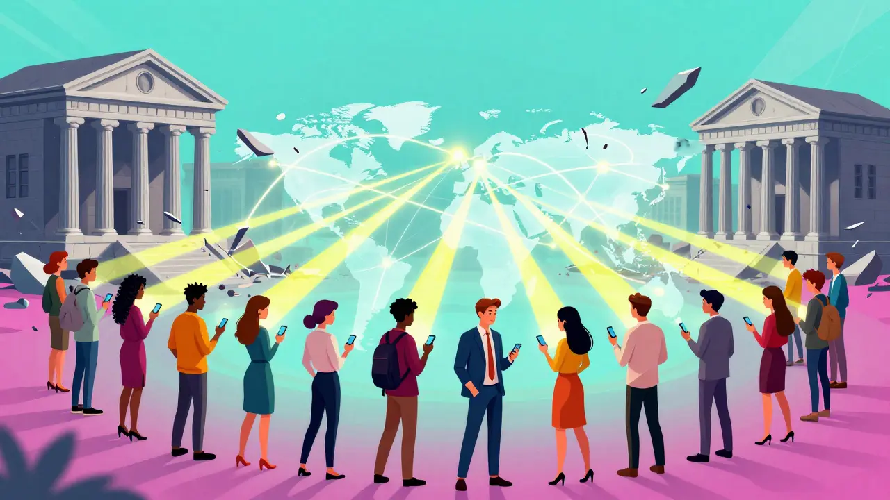 Illustration of young people globally connected by a digital financial web, bypassing traditional banks.