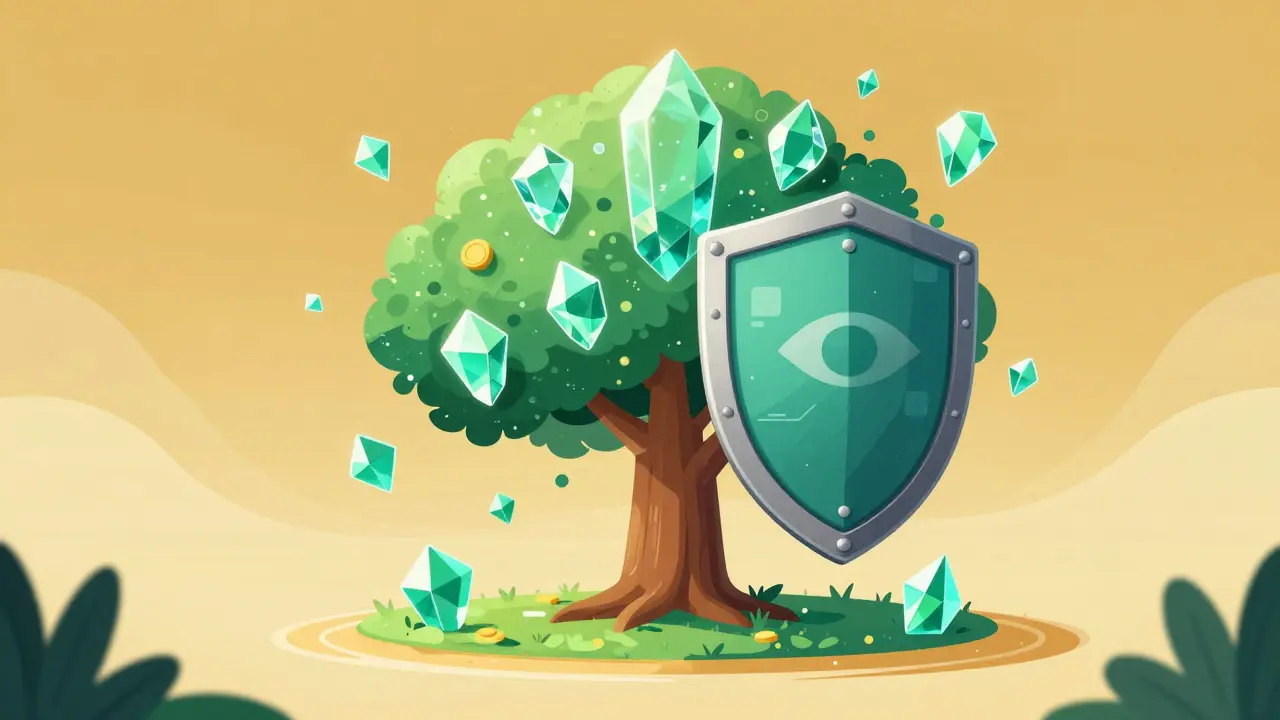 Protective shield guarding a crystal tree with floating gems