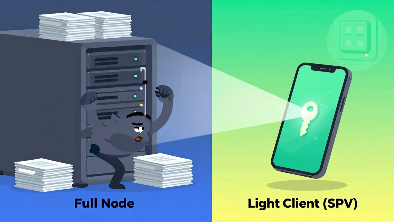 Cartoon comparing a heavy full node server with a lightweight mobile client.