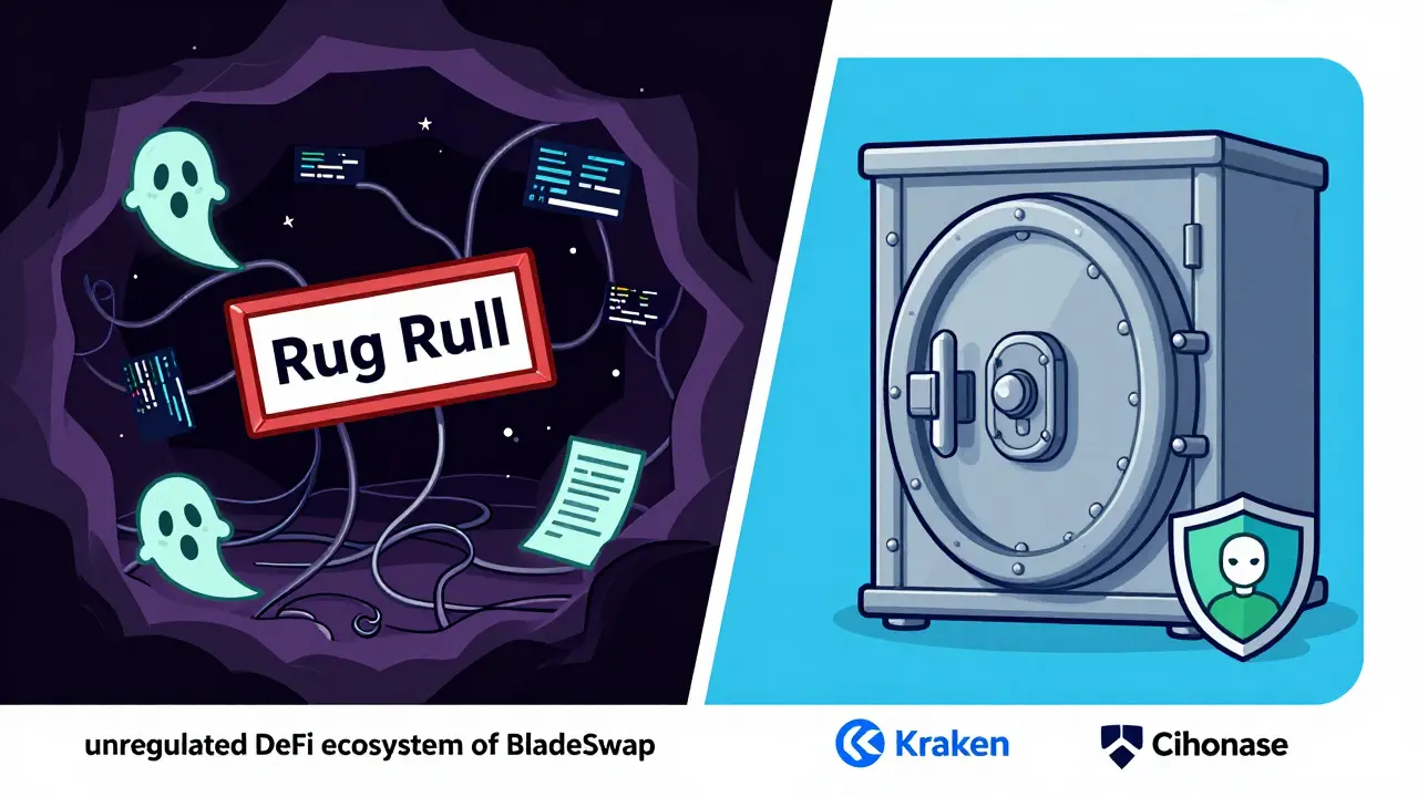 Cartoon comparing risky DeFi platform to secure regulated crypto exchange.