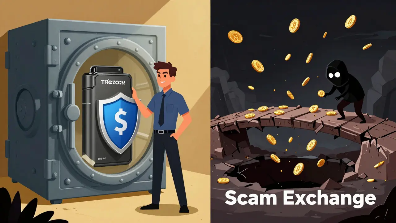 Cartoon comparing secure hardware wallets to a dangerous scam exchange pit.