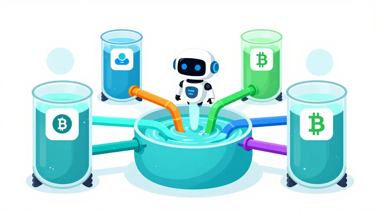 Cartoon depiction of smart order routing connecting multiple liquidity sources into a unified trading pool.
