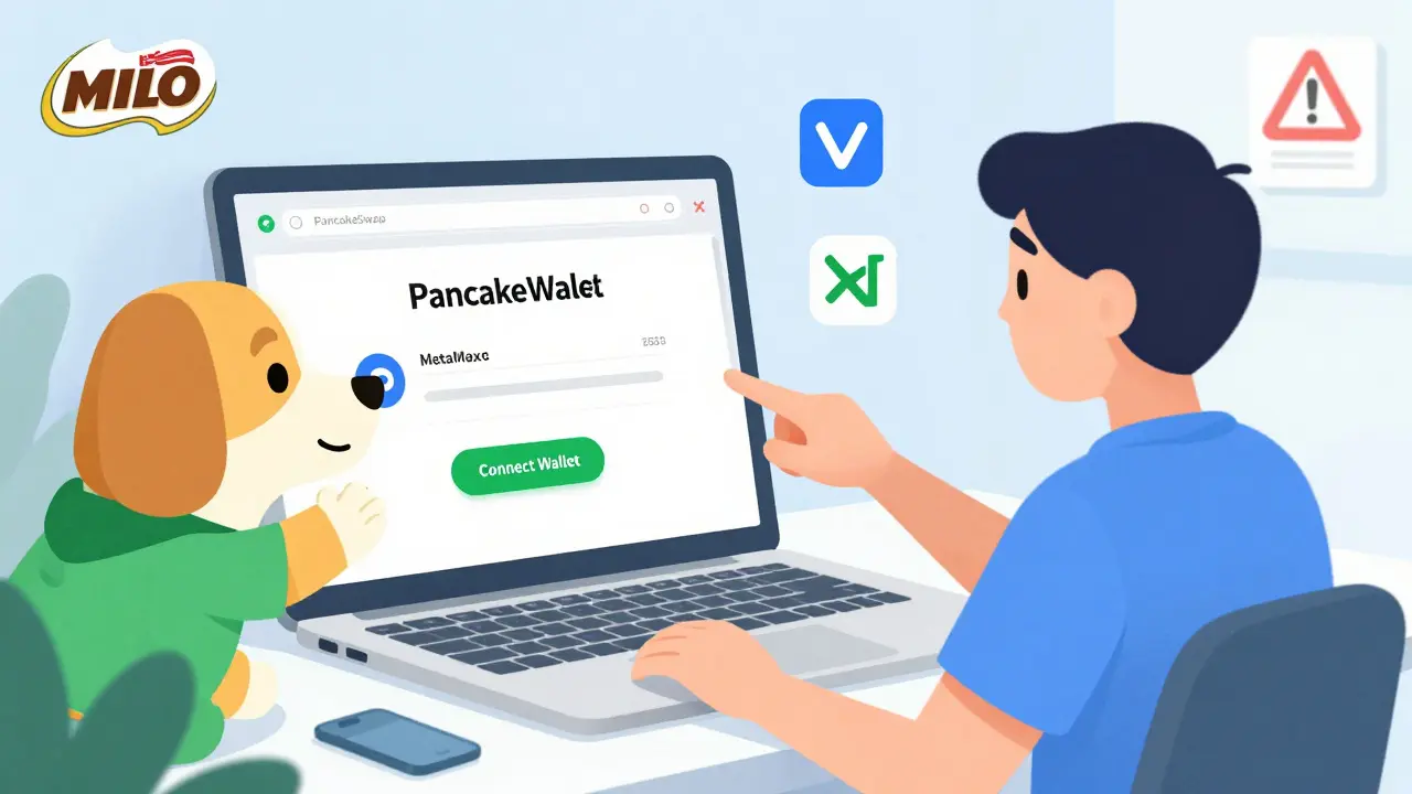 Cartoon of a user connecting a wallet to a decentralized exchange with a dog mascot helper.