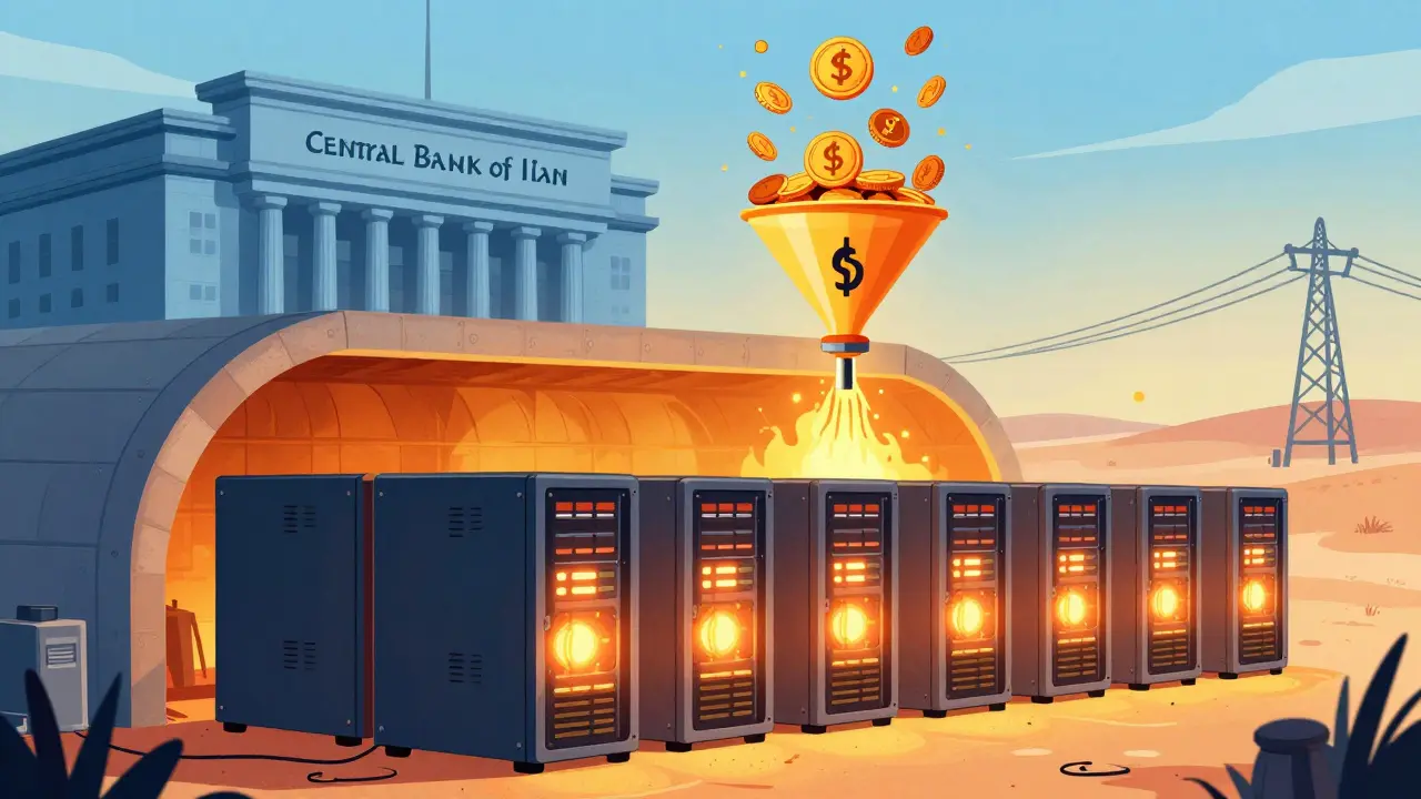 Cartoon of regulated crypto mining operations under state surveillance