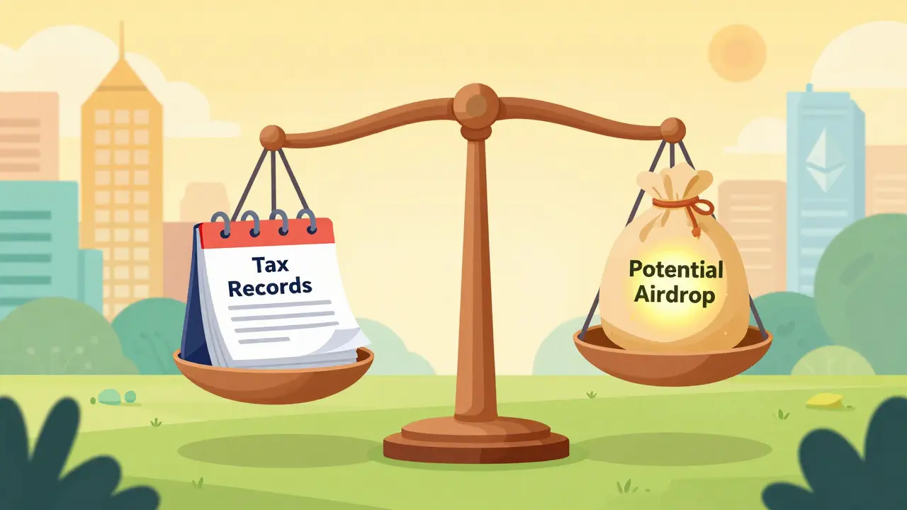 Cartoon scale balancing tax records and potential tokens