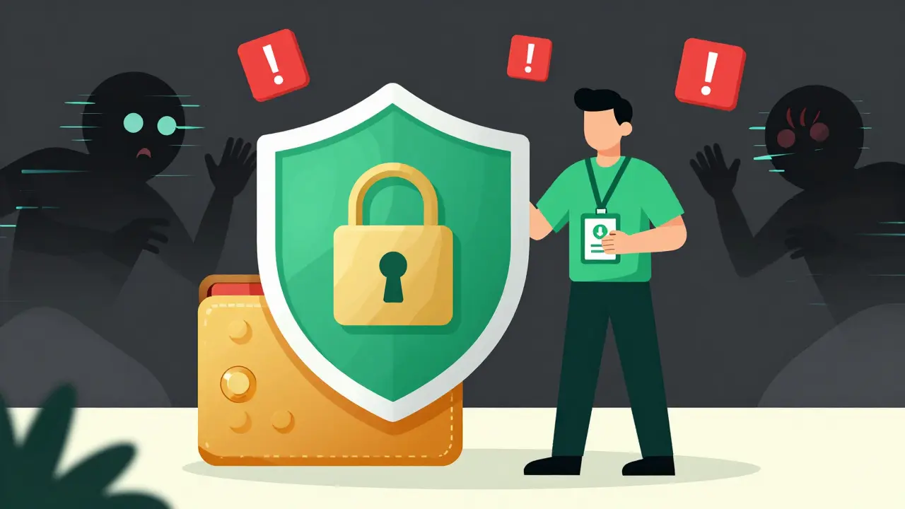 Cartoon shield protecting digital wallet from crypto scams and phishing