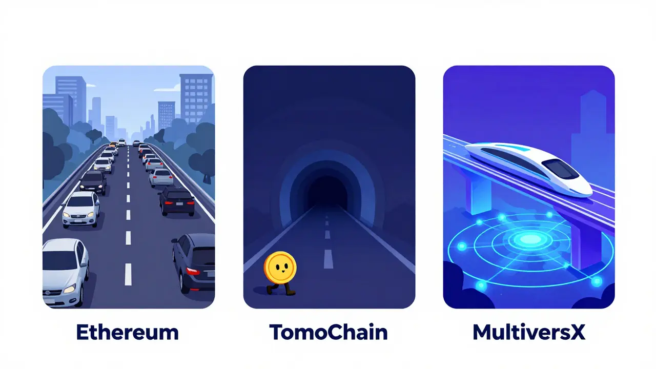 Cartoon showing crypto token migrating from slow Ethereum to fast MultiversX