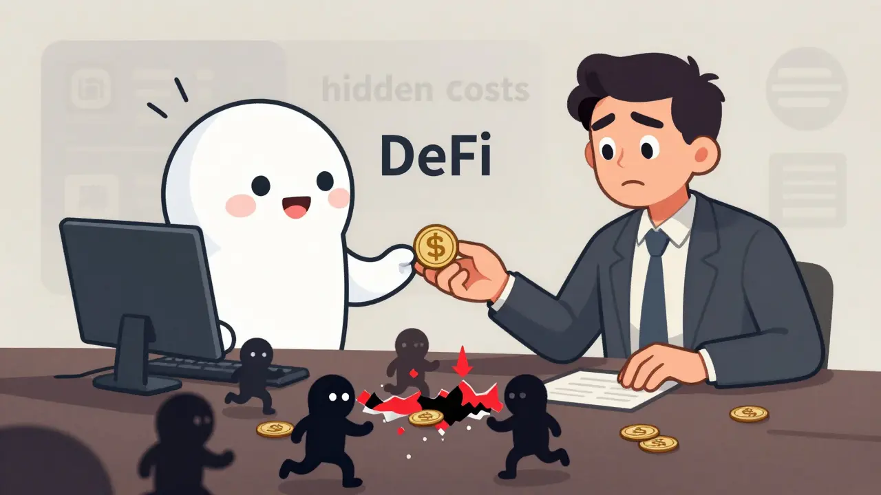 Cartoon showing hidden fees eating into crypto trade value in BloctoSwap