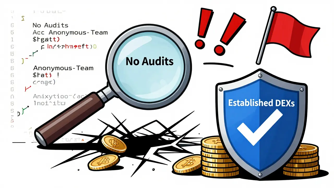 Cartoon showing un-audited code risks vs secure shield protecting crypto assets.