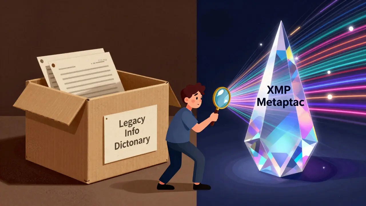 Comparison of legacy Info dictionary and modern XMP metadata layers